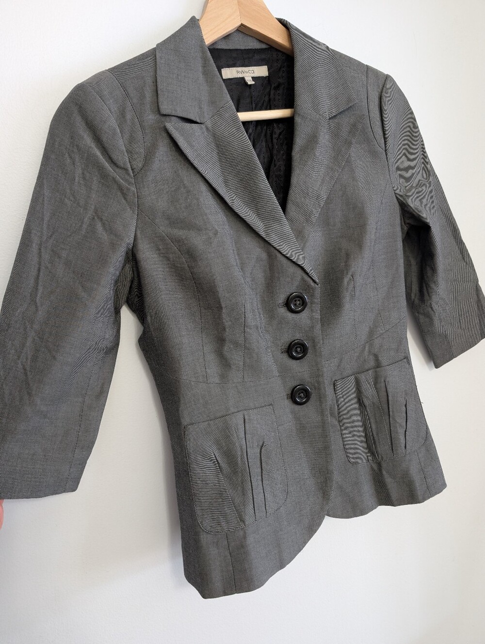 Rw&Co XS Cashmere Cotton Suit Jacket Grey Button Office Coat 3/4 Sleeve